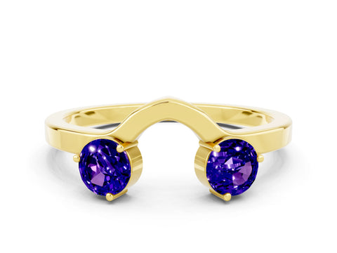 Yellow gold Dual Round Tanzanite Open Band Ring with Prong Setting_6