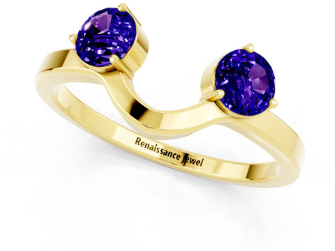 Yellow gold Dual Round Tanzanite Open Band Ring with Prong Setting_7
