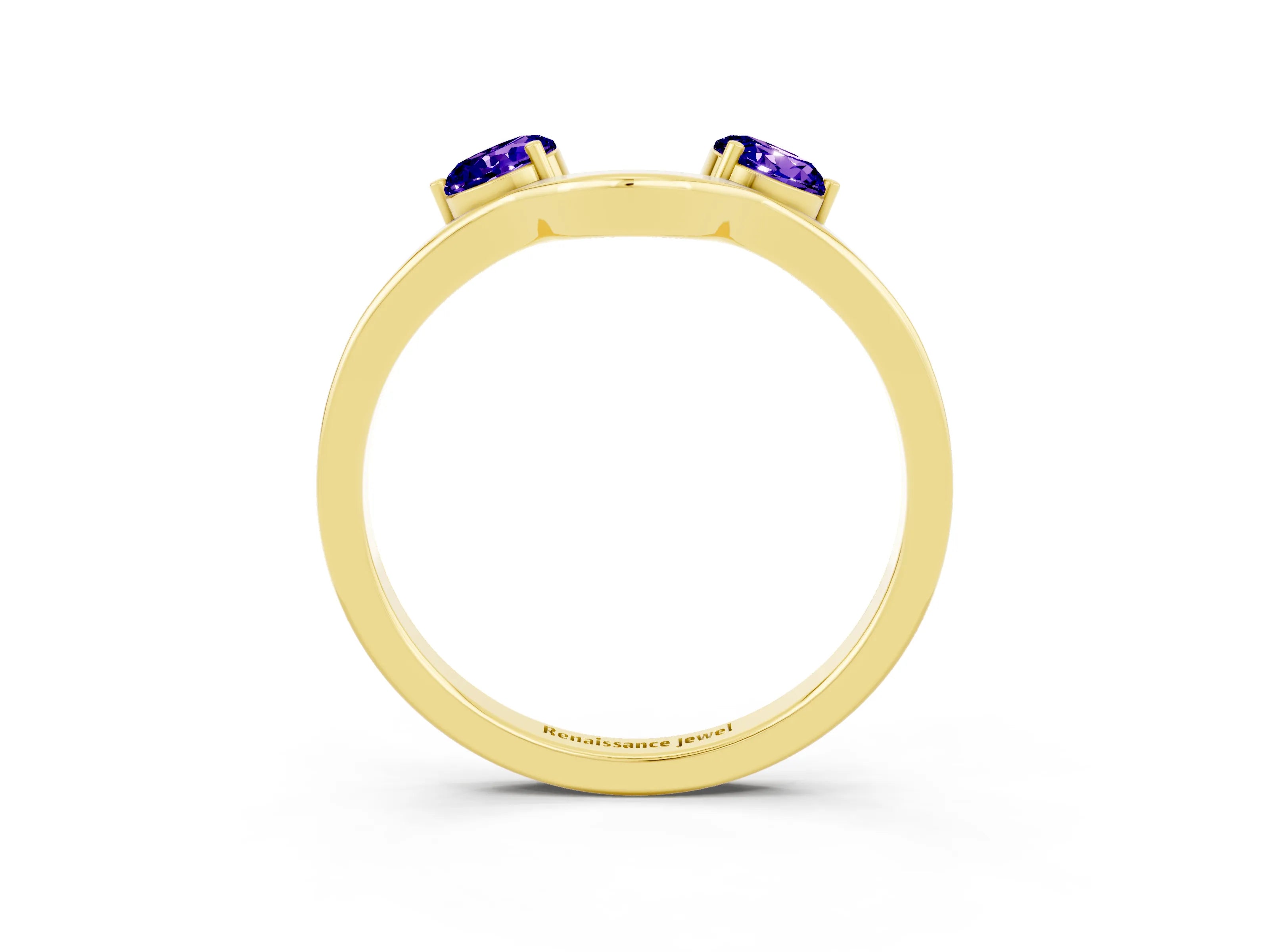 Yellow gold Dual Round Tanzanite Open Band Ring with Prong Setting_9