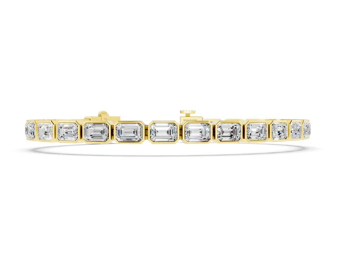 Yellow gold East-West Emerald Cut Diamond Tennis Bracelet with Bezel Setting
