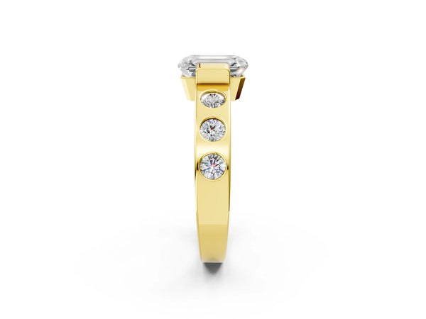 Yellow Gold Emerald Cut Tension Style Engagement Ring Setting with Wide Flush Set Accent Band