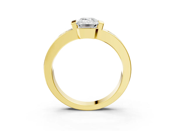 Yellow Gold Emerald Cut Tension Style Engagement Ring Setting with Wide Flush Set Accent Band
