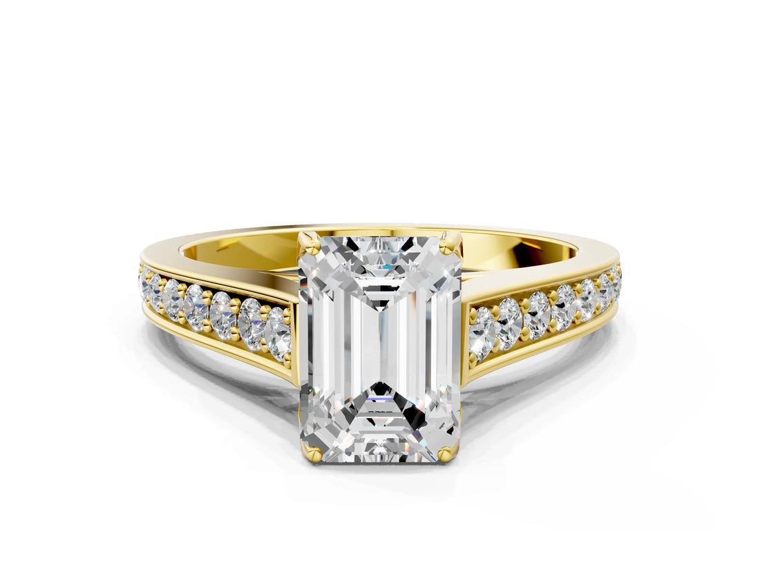 Yellow gold Emerald Brilliant Cut Diamond Engagement Ring with Pavé Band and Four-Prong Setting_54