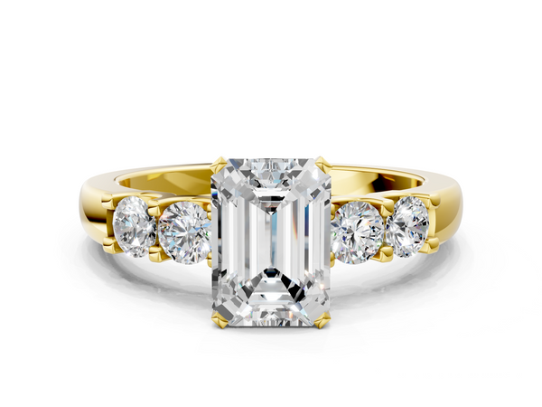 Yellow gold Emerald Brilliant Cut Diamond Five-Stone Prong Set Engagement Ring with Channel Band