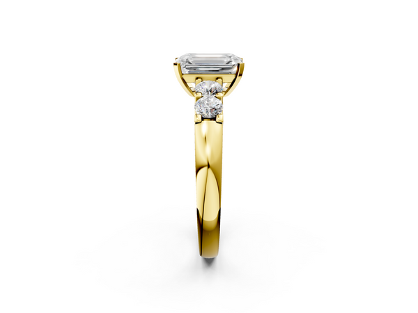Yellow gold Emerald Brilliant Cut Diamond Five-Stone Prong Set Engagement Ring with Channel Band