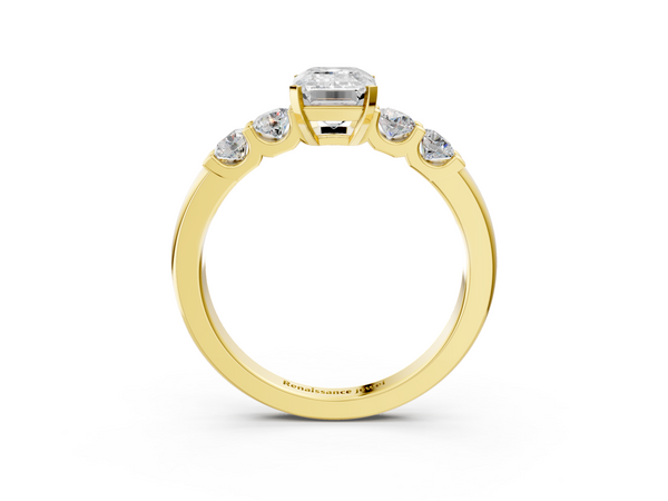 Yellow gold Emerald Brilliant Cut Diamond Five-Stone Prong Set Engagement Ring with Channel Band