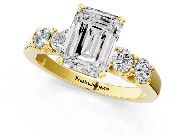 Yellow gold Emerald Brilliant Diamond Five-Stone Engagement Ring with Prong Setting on a Classic Band