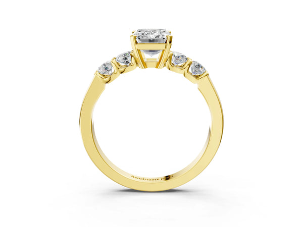 Yellow gold Emerald Brilliant Diamond Five-Stone Engagement Ring with Prong Setting on a Classic Band