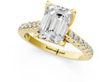 Yellow gold Emerald Brilliant Diamond Solitaire with Pavé Band and Four-Prong Setting 1