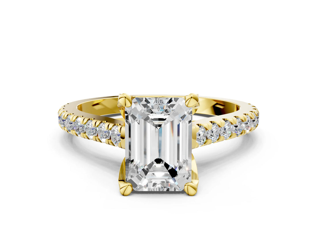 Yellow gold Emerald Brilliant Diamond Solitaire with Pavé Band and Four-Prong Setting