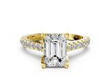 Yellow gold Emerald Brilliant Diamond Solitaire with Pavé Band and Four-Prong Setting