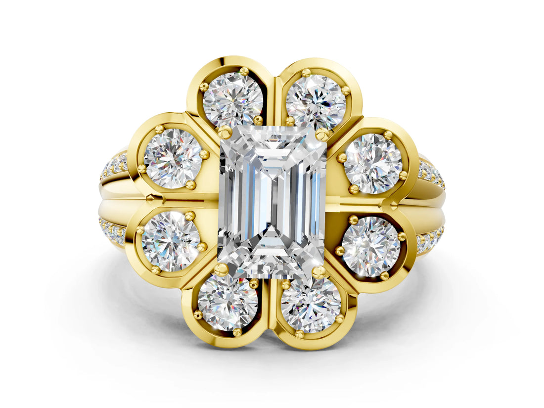 Yellow gold Emerald Brilliant Flower Halo Diamond Split Shank Ring_26