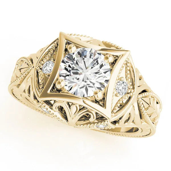 Yellow gold Emerald Brilliant Milgrain Filigree Solitaire with Bezel and Prong Setting
