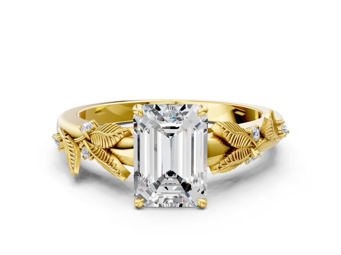 Yellow gold Emerald Brilliant Solitaire with Leaf Motif Band and Four-Prong Setting_72