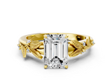 Yellow gold Emerald Brilliant Solitaire with Leaf Motif Band and Four-Prong Setting_72