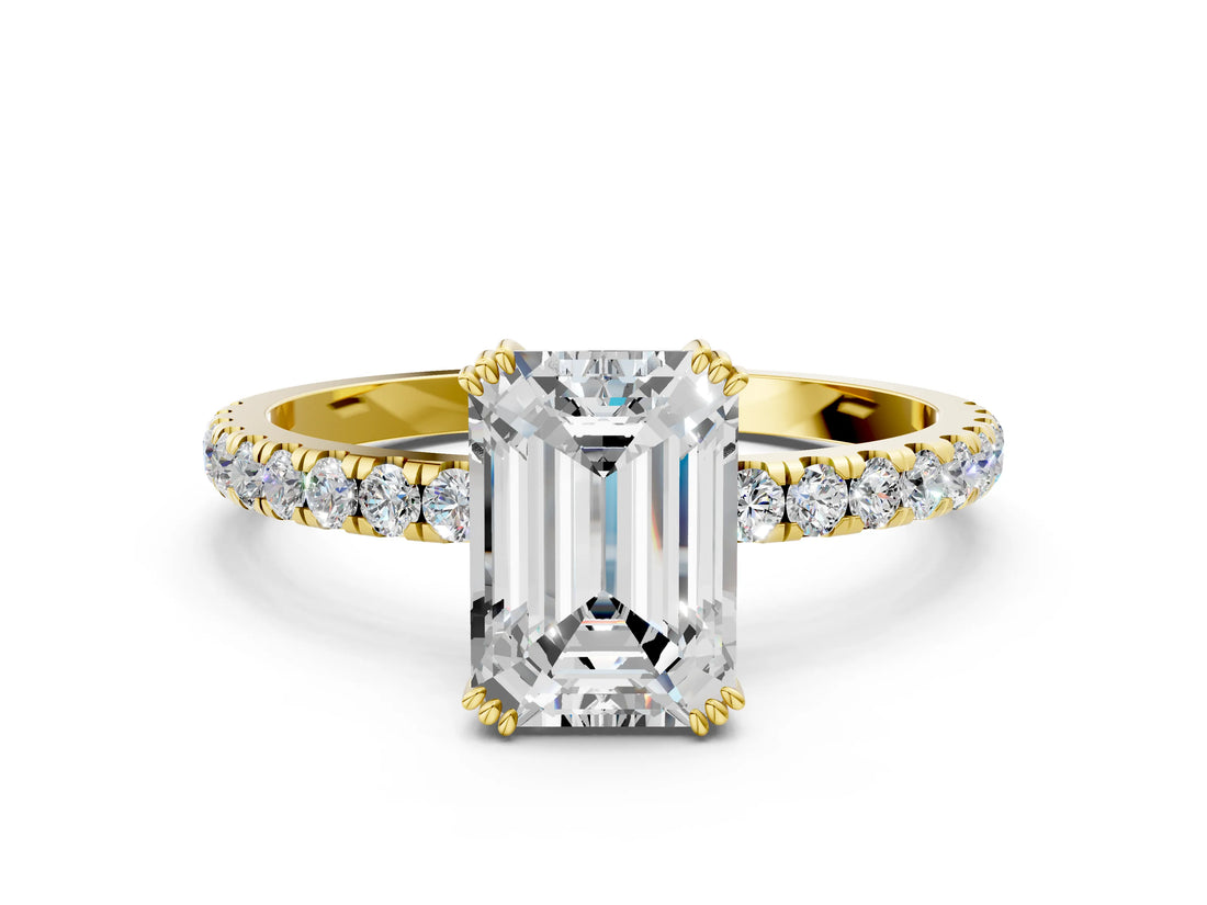 Yellow gold Emerald Brilliant Solitaire with Pavé Band and Claw Prong Setting_7