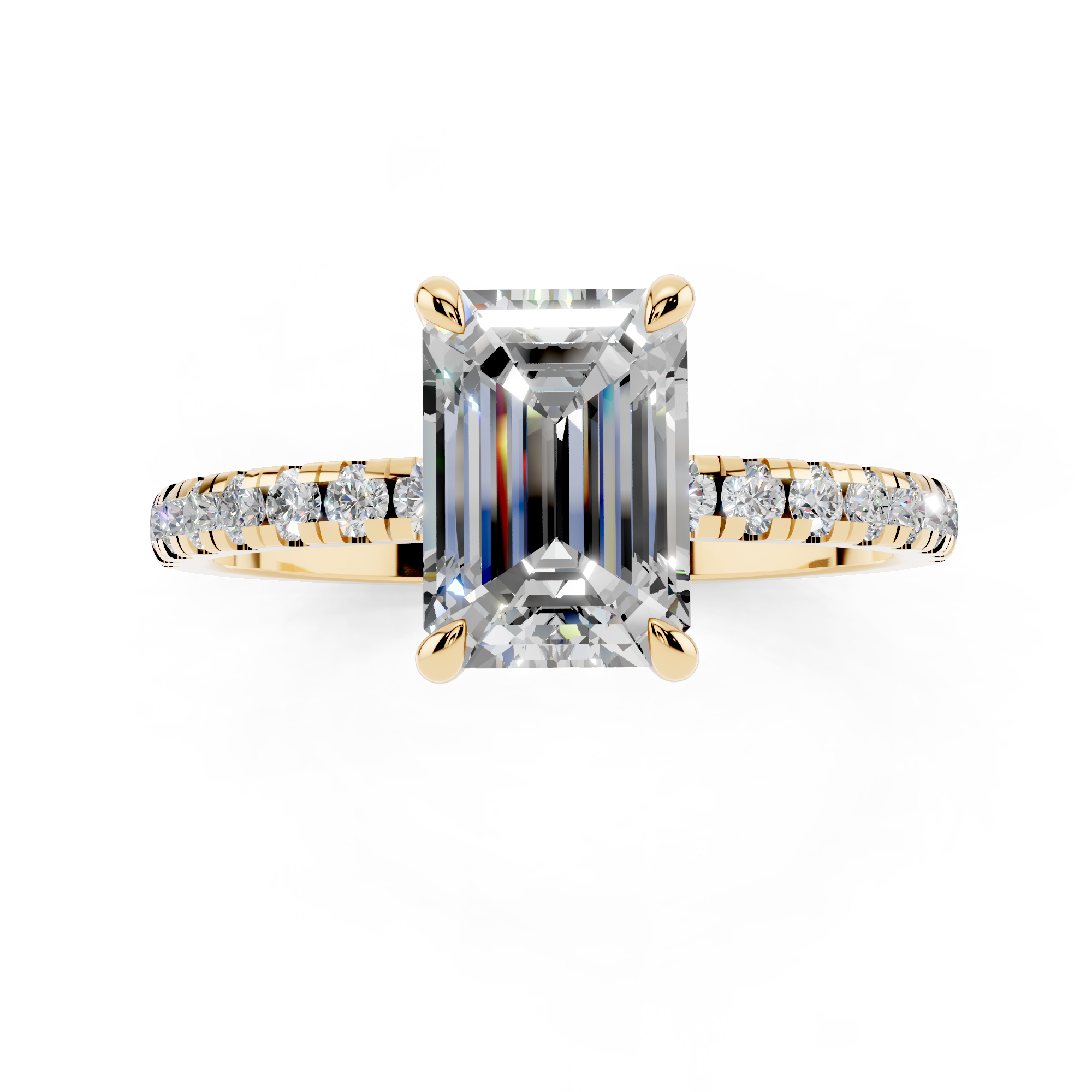 Yellow gold Emerald Brilliant Solitaire with Pavé Band and Four-Prong Setting_46