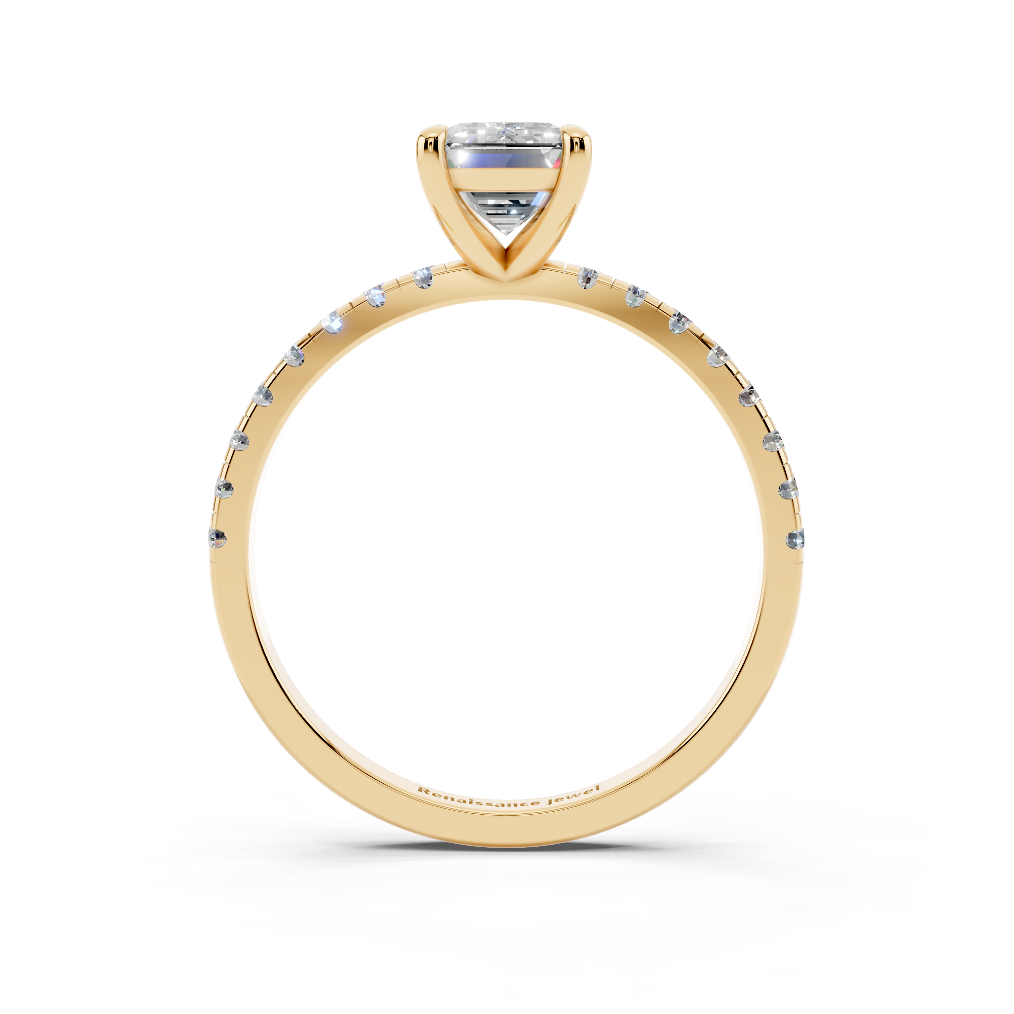 Yellow gold Emerald Brilliant Solitaire with Pavé Band and Four-Prong Setting_7