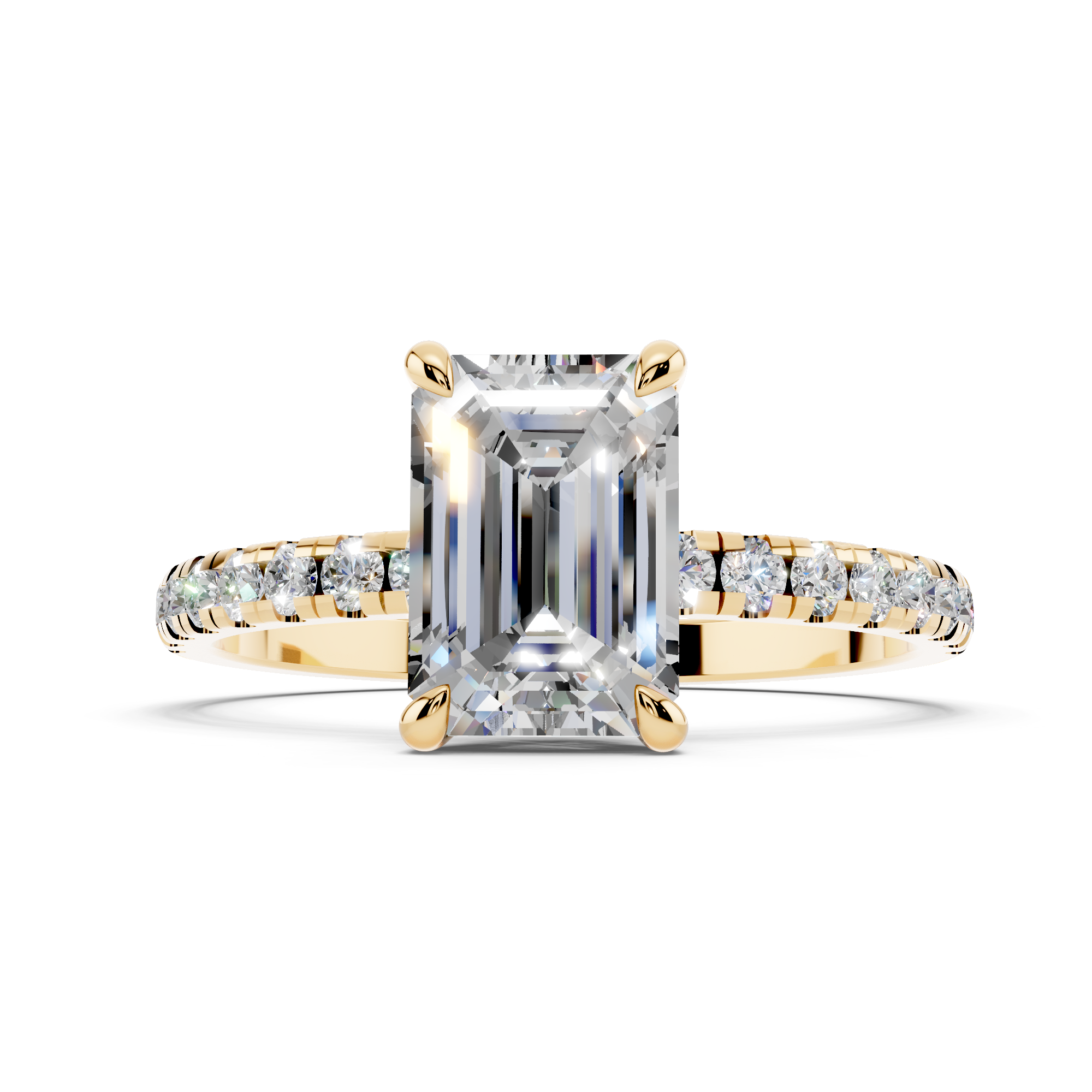 Yellow gold Emerald Brilliant Solitaire with Pavé Band and Four-Prong Setting_74