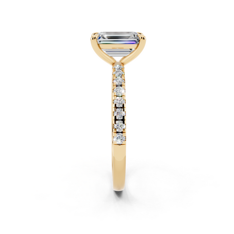 Yellow gold Emerald Brilliant Solitaire with Pavé Band and Four-Prong Setting_8