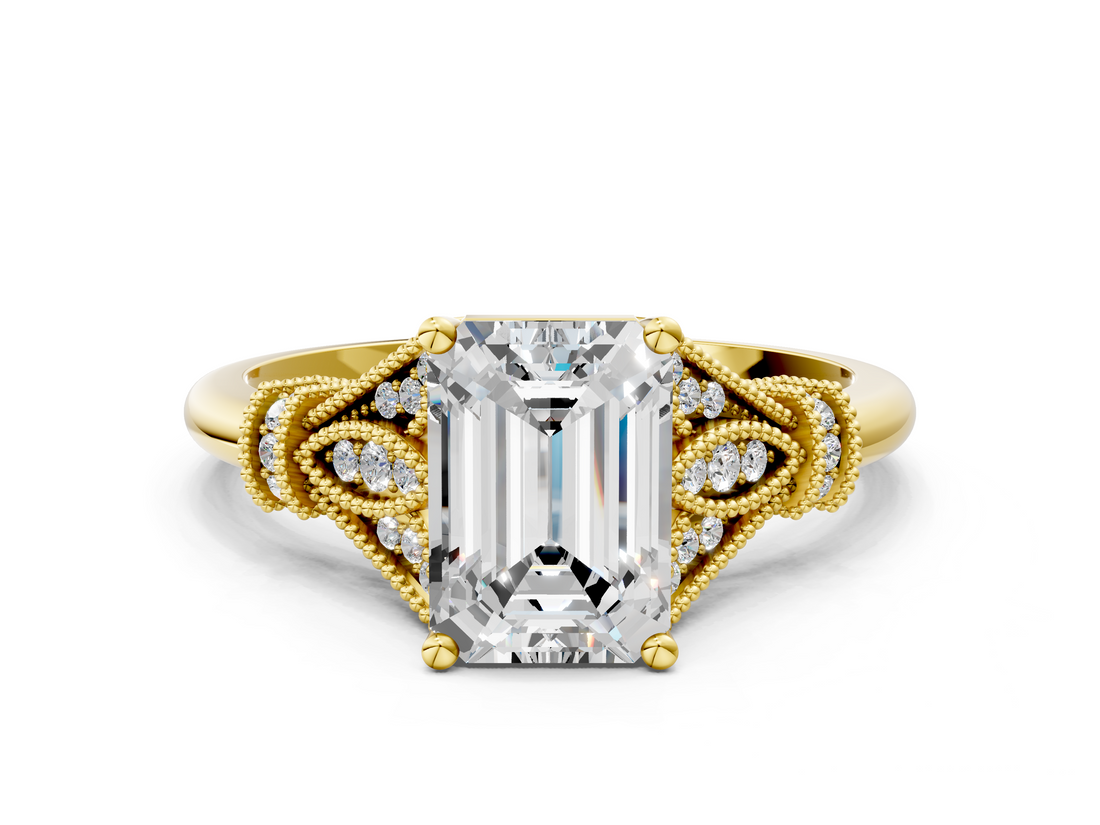 Yellow gold Emerald Brilliant Solitaire with Pave Band and Four-Prong Setting_18