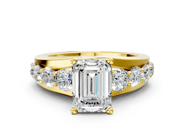 Yellow gold Emerald Brilliant Solitaire with Side Stones on a Pave Band and Four-Prong Setting
