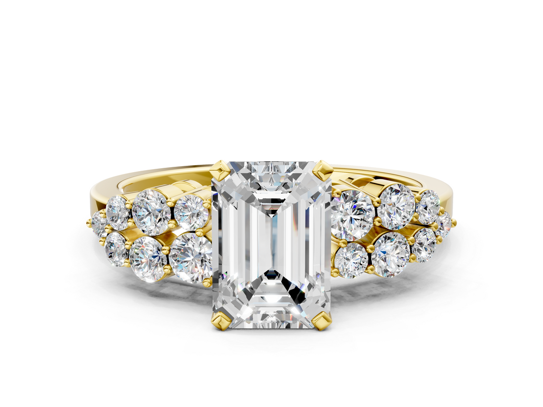 Yellow gold Emerald Cluster Diamond Engagement Ring with Pavé Band and Four-Prong Setting_94