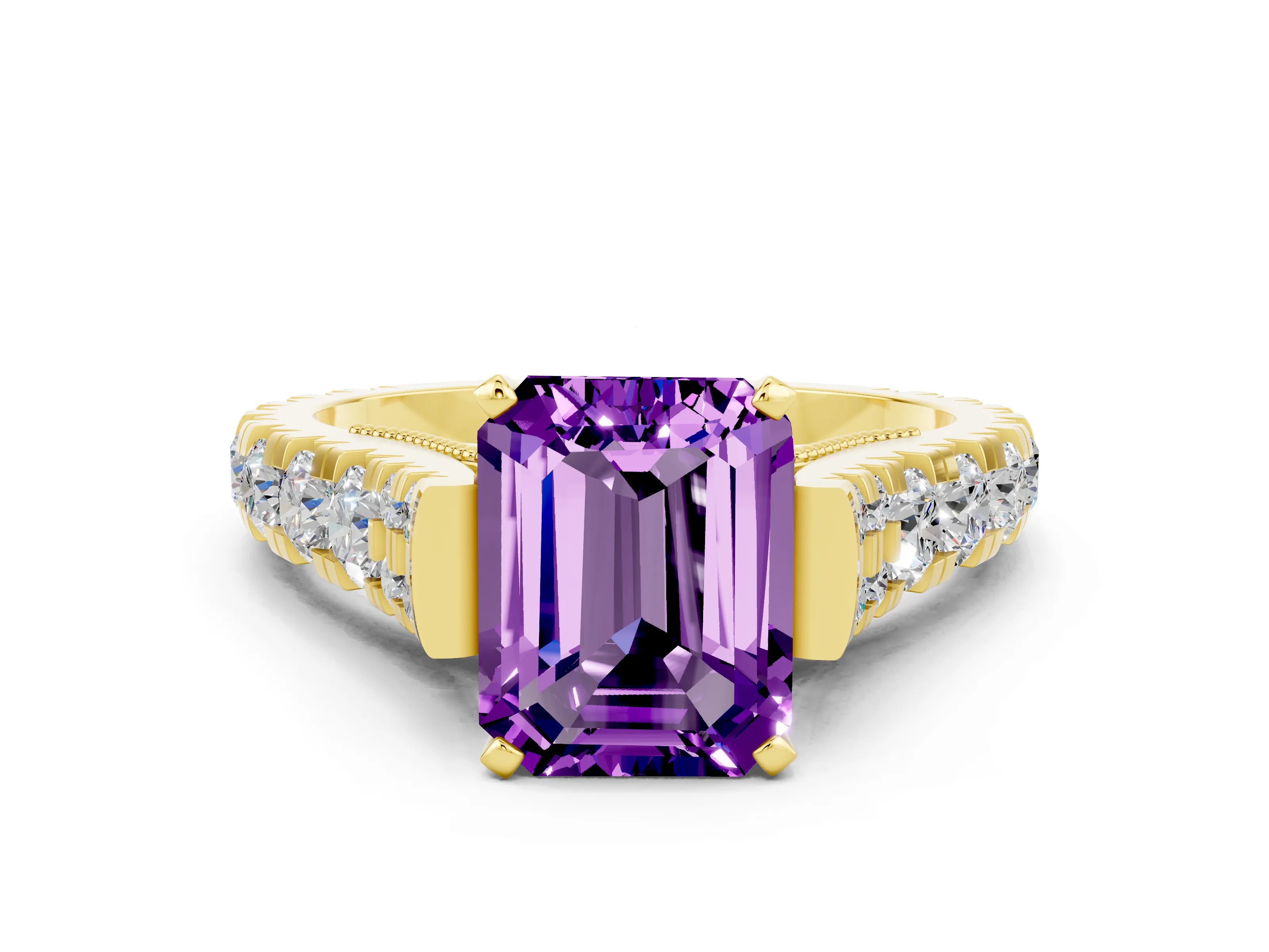 Yellow gold Emerald Cut Amethyst Classic Solitaire Ring with Pavé Band and Four-Prong Setting