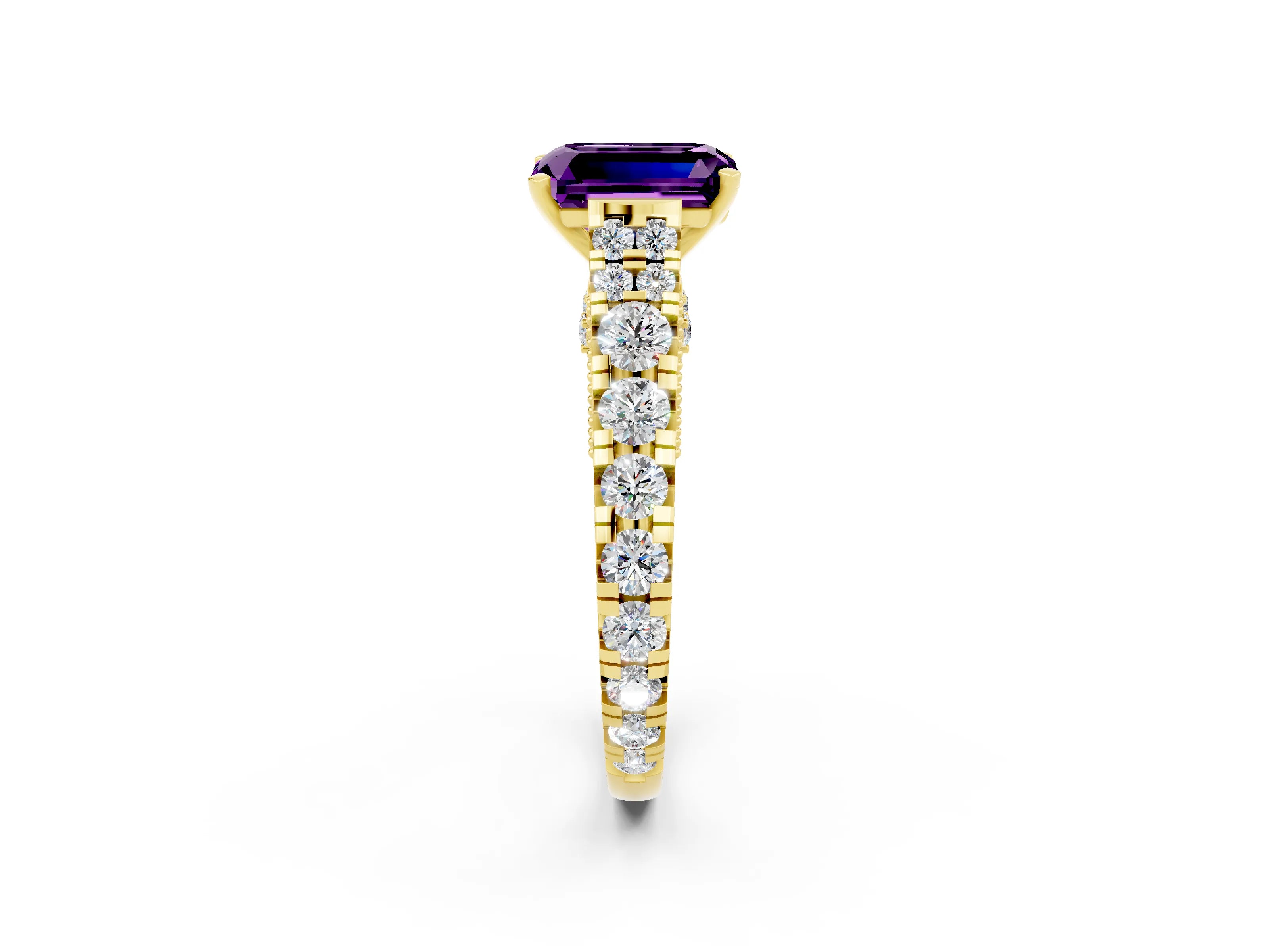 Yellow gold Emerald Cut Amethyst Classic Solitaire Ring with Pavé Band and Four-Prong Setting_2