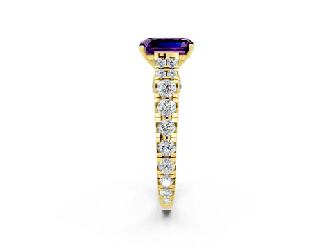 Yellow gold Emerald Cut Amethyst Classic Solitaire Ring with Pavé Band and Four-Prong Setting_2