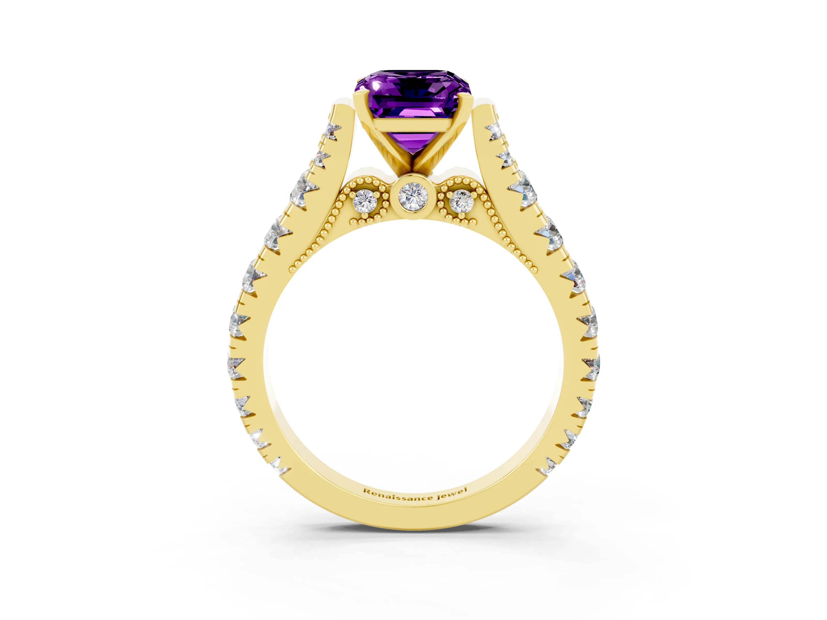 Yellow gold Emerald Cut Amethyst Classic Solitaire Ring with Pavé Band and Four-Prong Setting_3