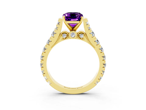 Yellow gold Emerald Cut Amethyst Classic Solitaire Ring with Pavé Band and Four-Prong Setting_3
