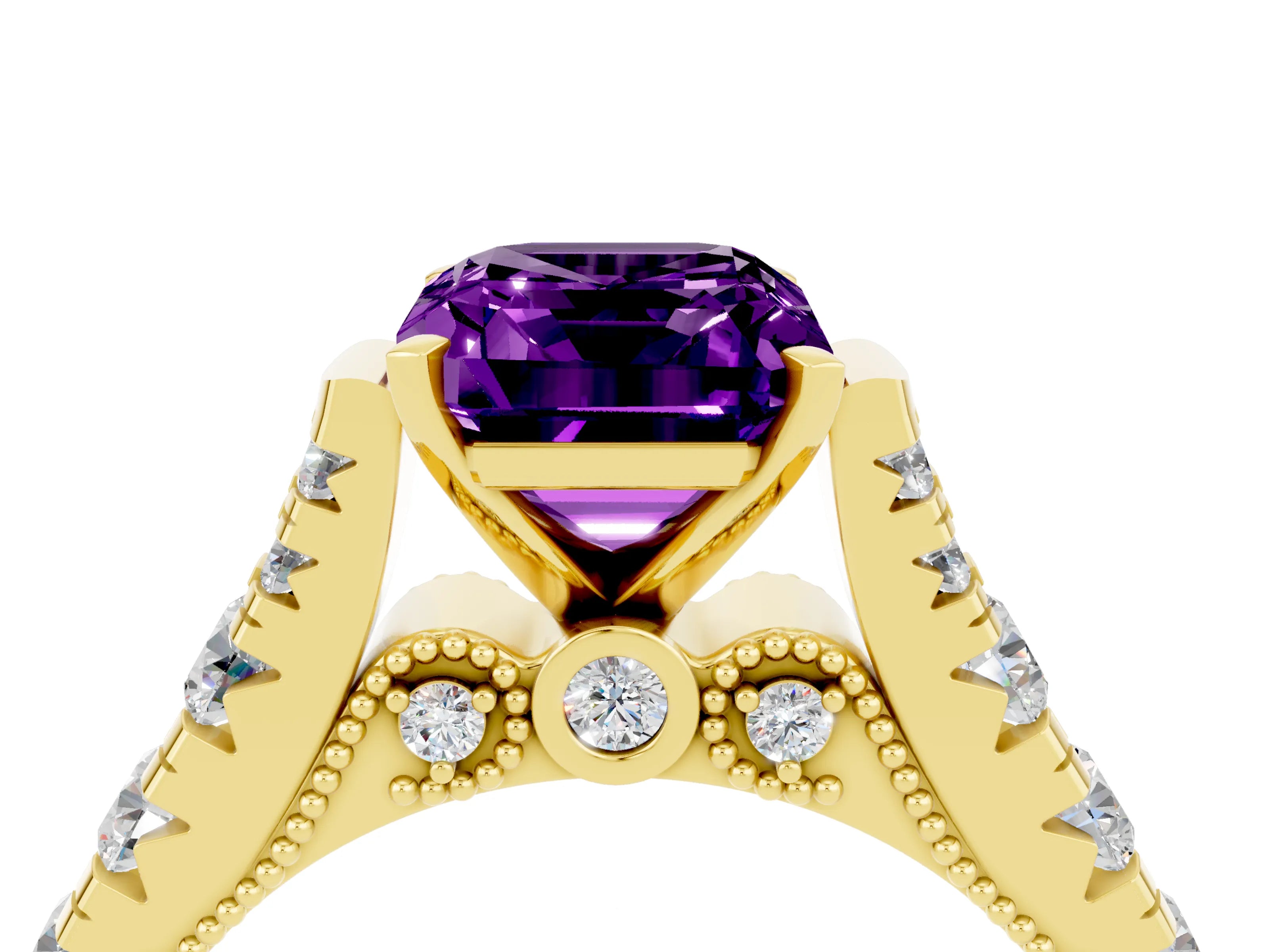 Yellow gold Emerald Cut Amethyst Classic Solitaire Ring with Pavé Band and Four-Prong Setting_4