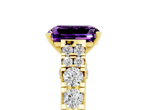 Yellow gold Emerald Cut Amethyst Classic Solitaire Ring with Pavé Band and Four-Prong Setting_5
