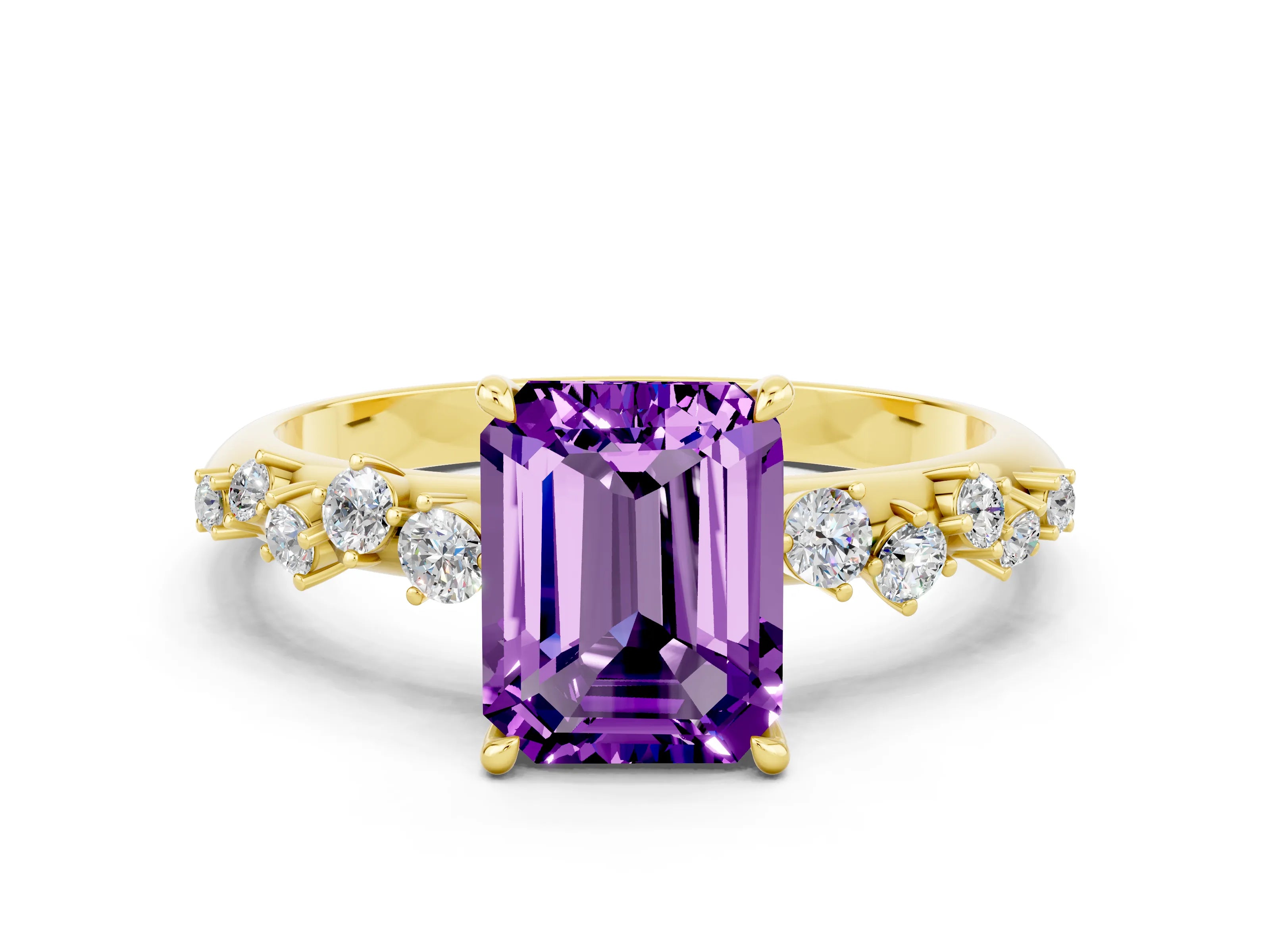 Yellow gold Emerald Cut Amethyst Cluster Side Stone Solitaire Ring with Prong Setting_24