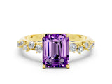 Yellow gold Emerald Cut Amethyst Cluster Side Stone Solitaire Ring with Prong Setting_24