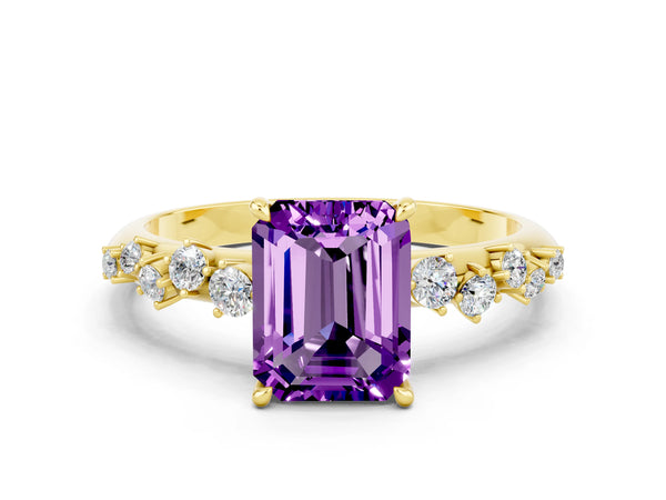 Yellow gold Emerald Cut Amethyst Cluster Side Stone Solitaire Ring with Prong Setting