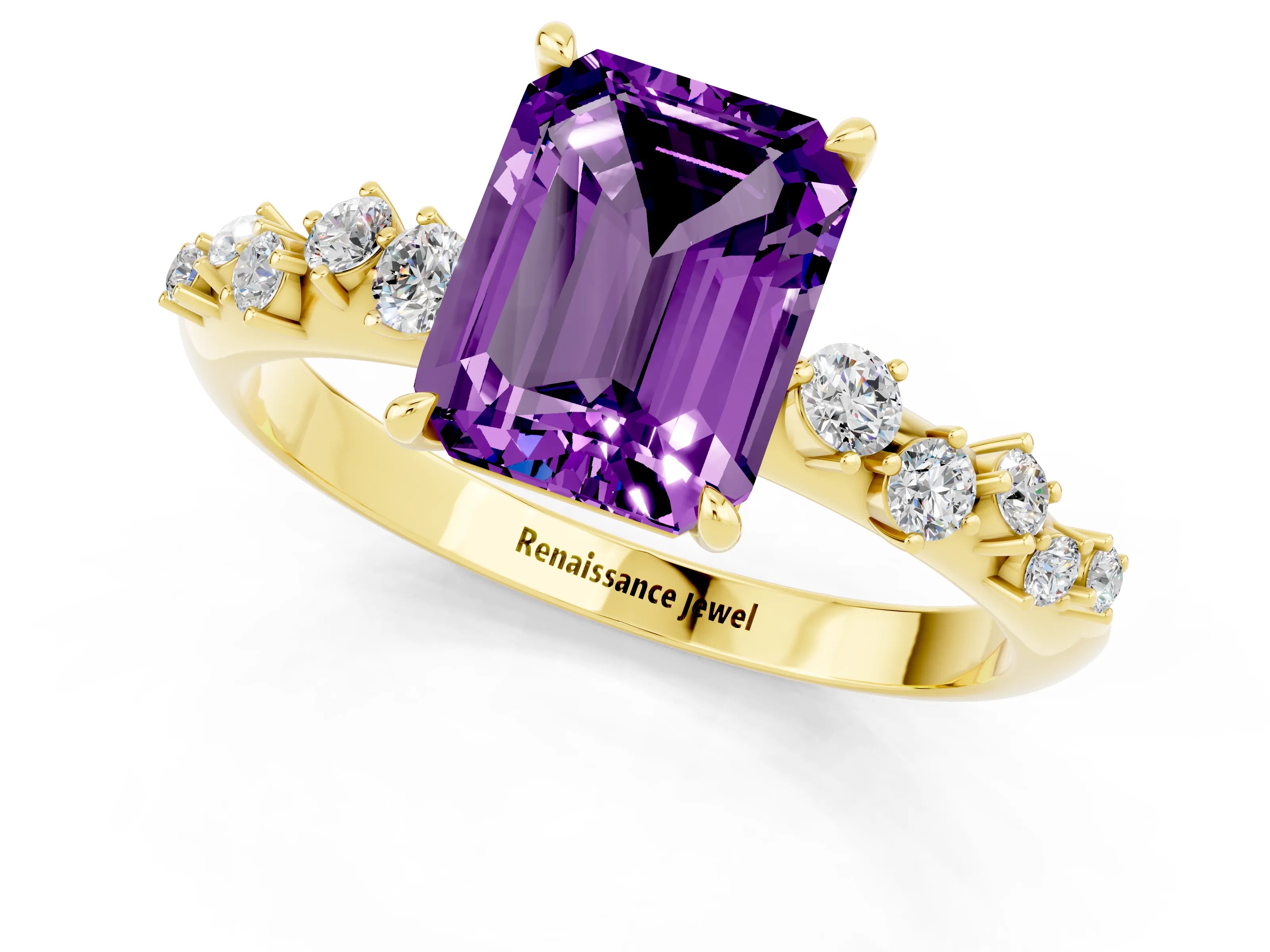 Yellow gold Emerald Cut Amethyst Cluster Side Stone Solitaire Ring with Prong Setting_25