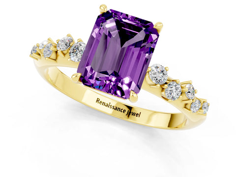 Yellow gold Emerald Cut Amethyst Cluster Side Stone Solitaire Ring with Prong Setting_25