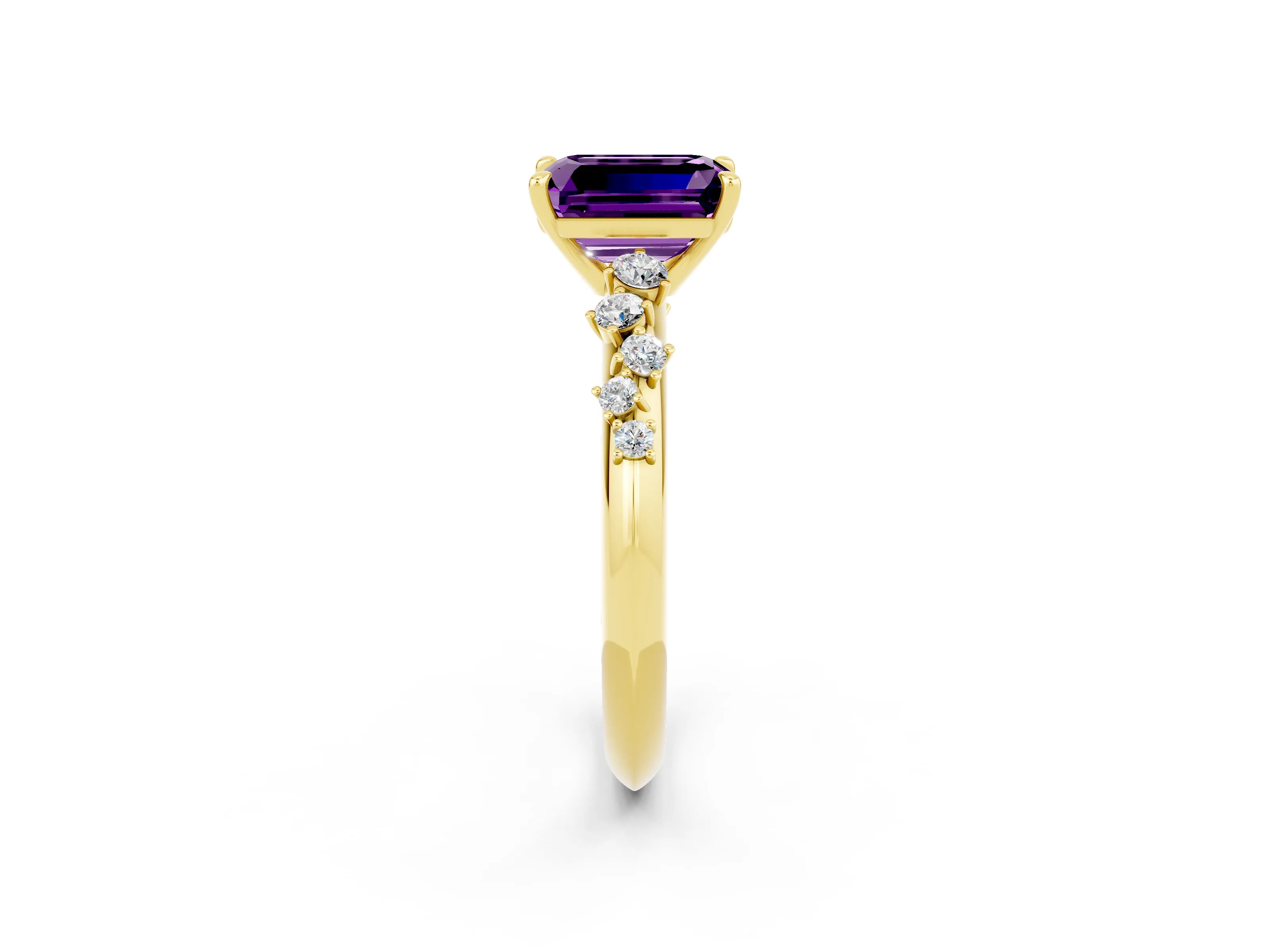 Yellow gold Emerald Cut Amethyst Cluster Side Stone Solitaire Ring with Prong Setting_26