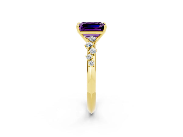 Yellow gold Emerald Cut Amethyst Cluster Side Stone Solitaire Ring with Prong Setting
