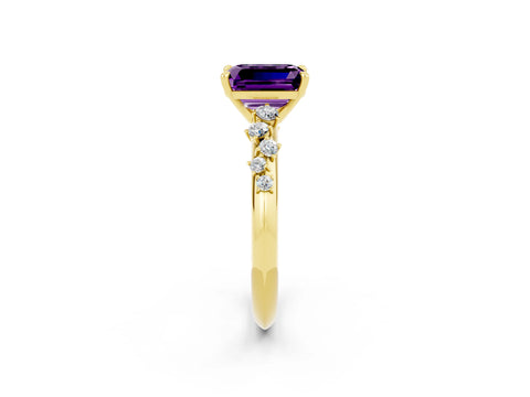 Yellow gold Emerald Cut Amethyst Cluster Side Stone Solitaire Ring with Prong Setting_26