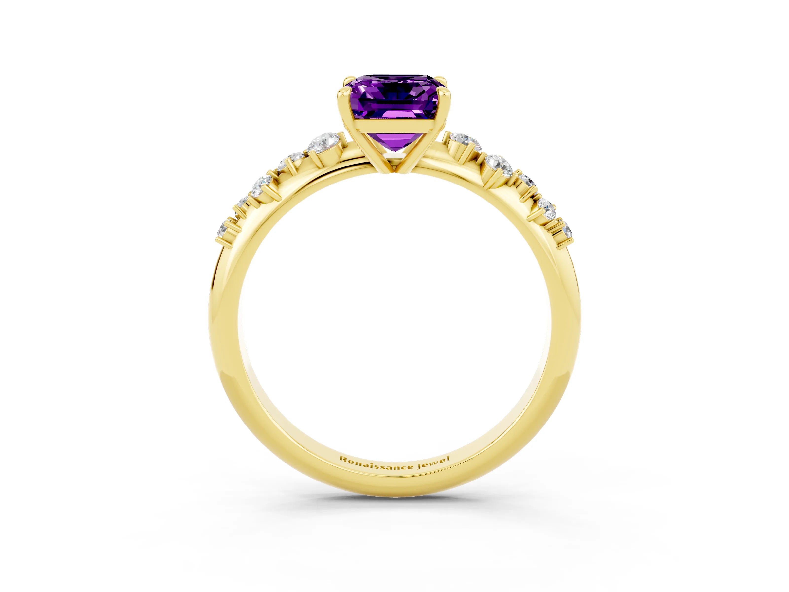 Yellow gold Emerald Cut Amethyst Cluster Side Stone Solitaire Ring with Prong Setting_27