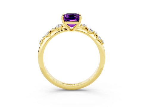 Yellow gold Emerald Cut Amethyst Cluster Side Stone Solitaire Ring with Prong Setting_27