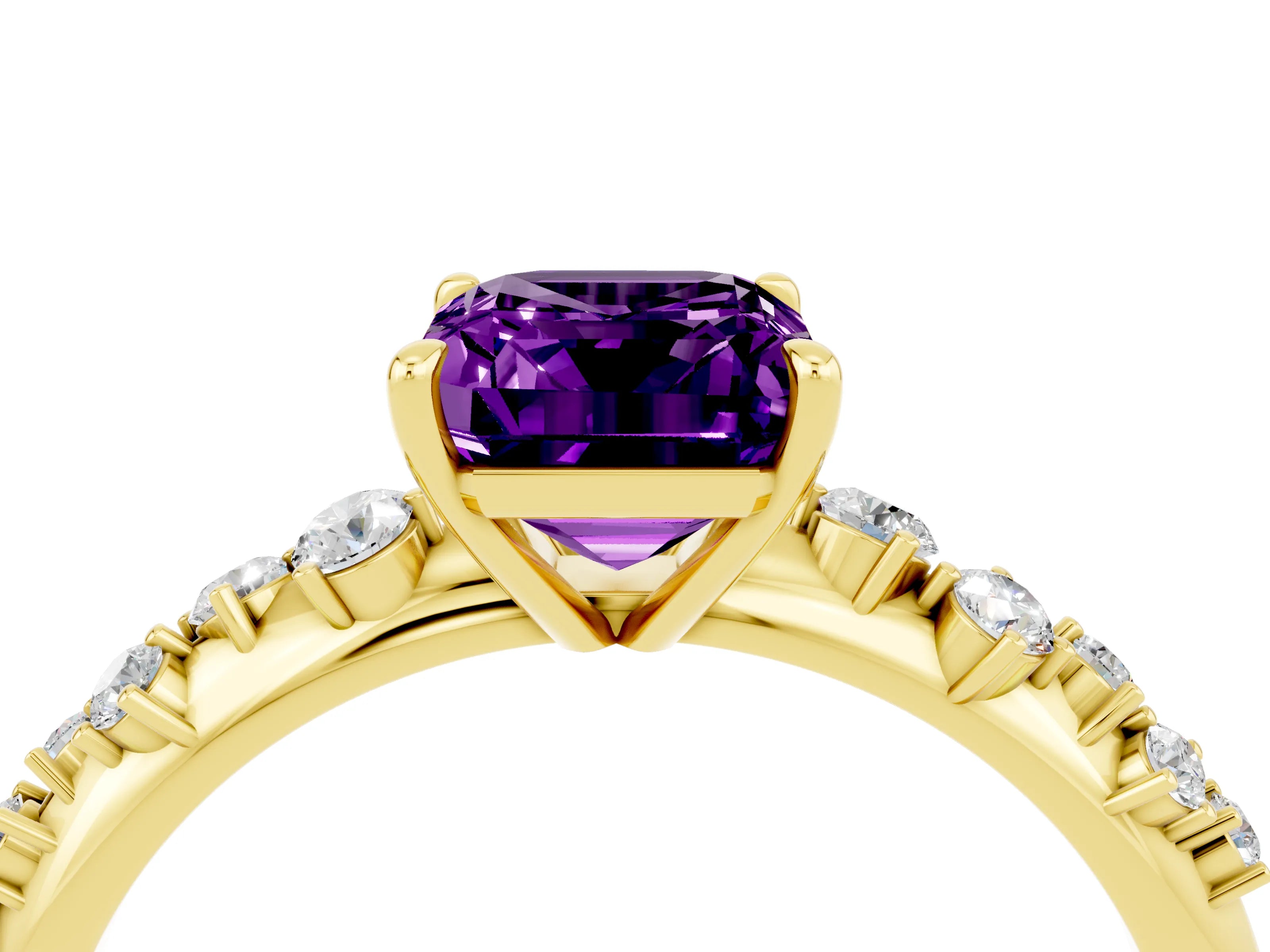Yellow gold Emerald Cut Amethyst Cluster Side Stone Solitaire Ring with Prong Setting_28