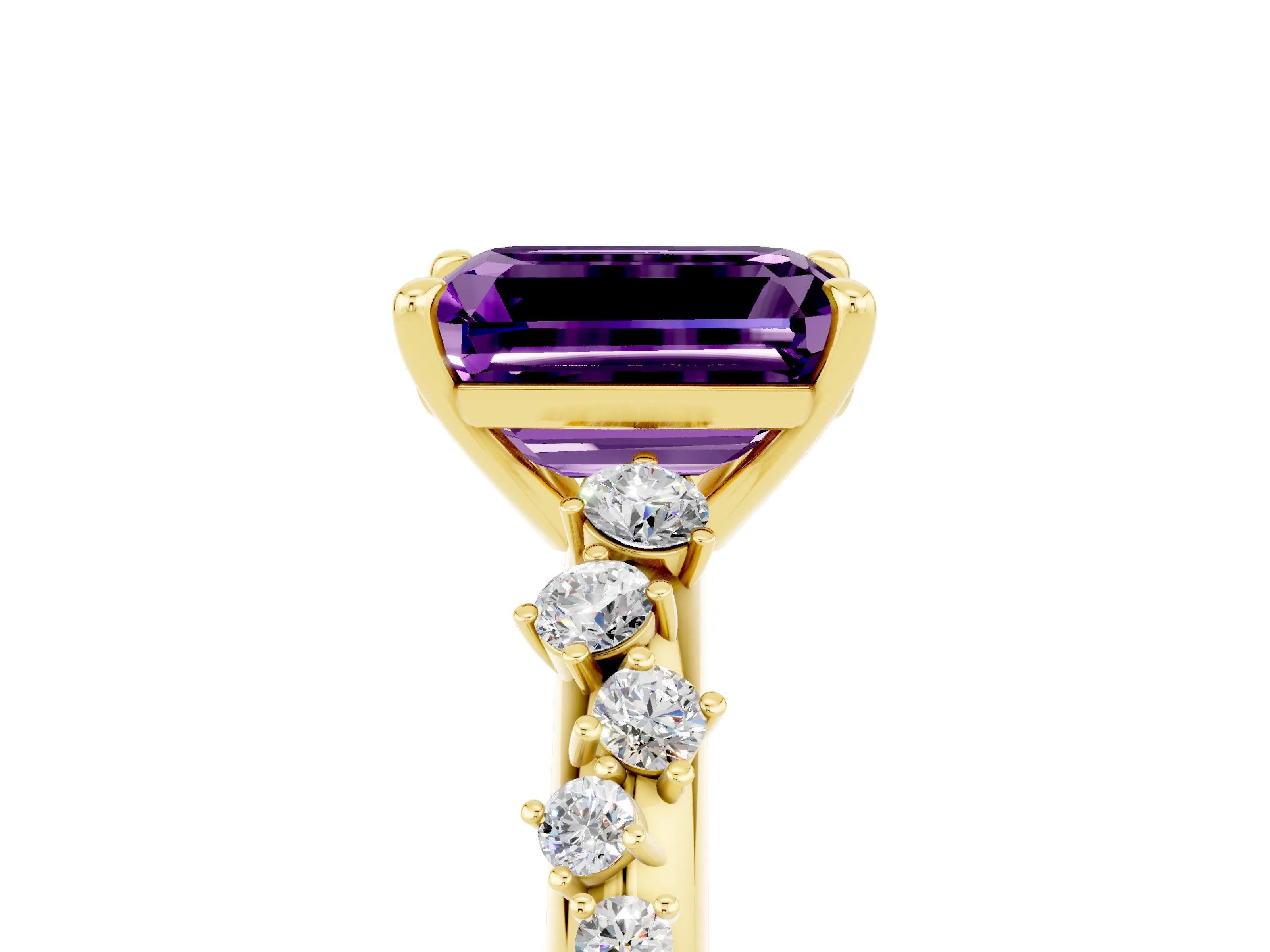 Yellow gold Emerald Cut Amethyst Cluster Side Stone Solitaire Ring with Prong Setting_29