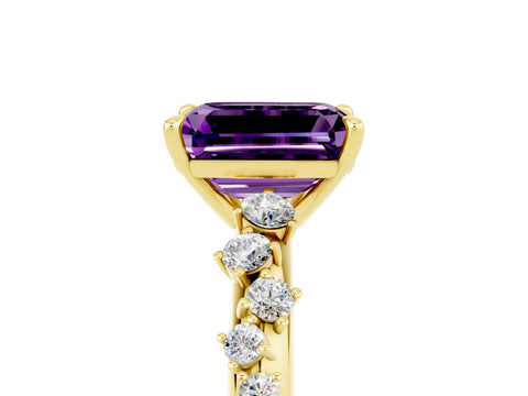 Yellow gold Emerald Cut Amethyst Cluster Side Stone Solitaire Ring with Prong Setting_29