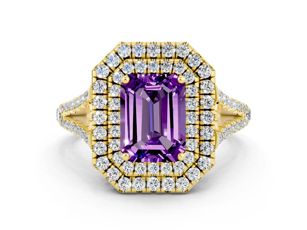 Yellow gold Emerald Cut Amethyst Double Halo Ring with Pavé Band and Prong Setting