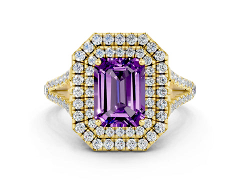 Yellow gold Emerald Cut Amethyst Double Halo Ring with Pavé Band and Prong Setting_12