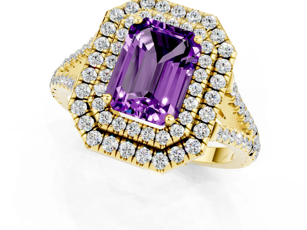 Yellow gold Emerald Cut Amethyst Double Halo Ring with Pavé Band and Prong Setting